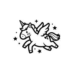 Fototapeta premium Cute cartoon winged unicorn with a horn flying in a starry night sky with sparkles and dots illustration for children fantasy and magic with mythical creature