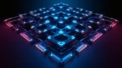 Abstract blue background with 3d futuristic cubes and digital tech patterns representing a business internet data concept on a computer keyboard light