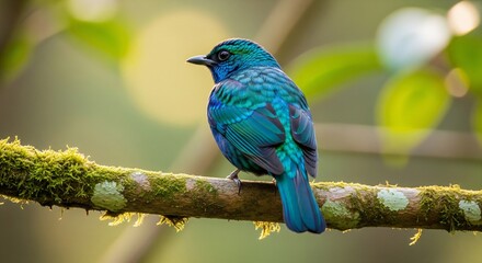 Exquisitely colored turquoise and emerald green bird perched on a thick moss-covered tree branch in a rainforest