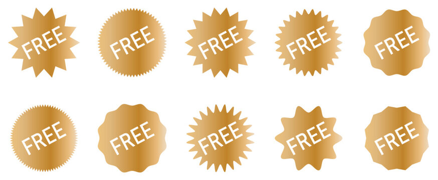 Set of golden free labels and starburst badge shapes with text. Perfect for promotion, free offers, discounts, sale banners, marketing materials, advertising, packaging, web and print design projects.