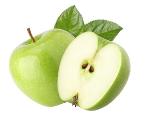 green apple with leaves and half isolated, transparent PNG, PNG format, cut out