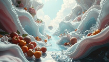 Surreal Inner World Landscape with Flowing Textures, Vibrant Colors, and Reflective Elements