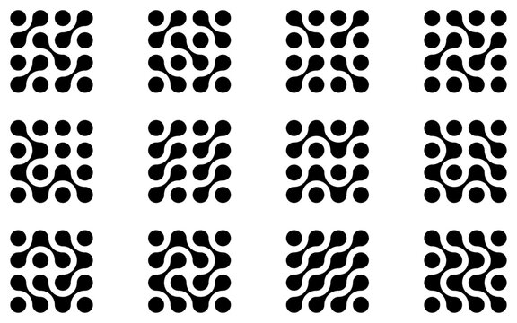 Diagonal metaball connected circles shape. Pattern of black metaballs isolated on white background. Metaball set. Modern geometric shapes of liquid connected drops. Vector illustration.