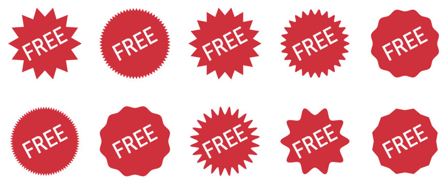 Red free label badge icons collection. Starburst and seal shapes with free text. Free label badge icons set with starburst shapes for promotion sale and marketing design. Isolated vector Illustration.