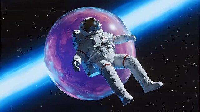 Astronaut floating in space with bubble