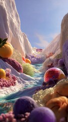 Surreal Inner World Landscape with Flowing Textures, Vibrant Colors, and Reflective Elements