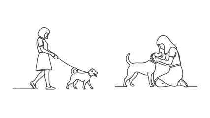 A simple line drawing depicts a woman walking her dog with another person