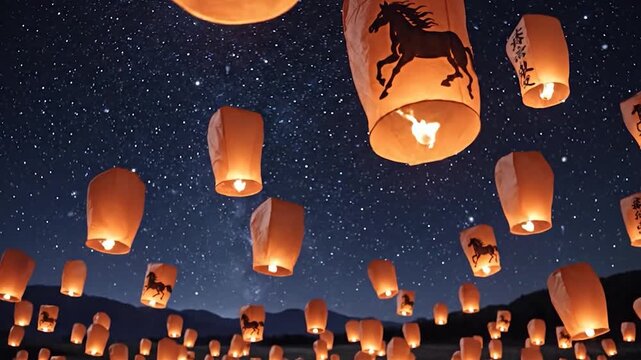 Beautiful lanterns soaring into the night sky with a horse silhouette.