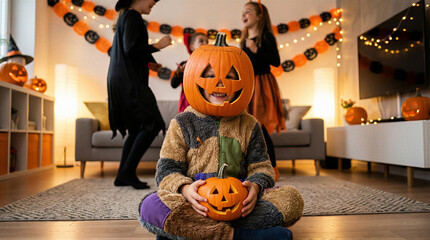 Halloween celebration with kids in a decorated living room festive atmosphere joyful gathering