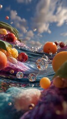 Surreal Inner World Landscape with Flowing Textures, Vibrant Colors, and Reflective Elements