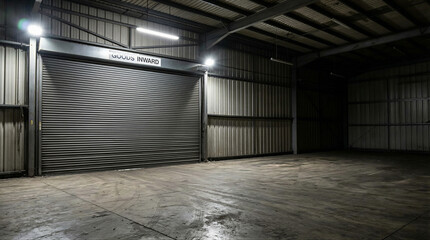 Unloading goods in an industrial warehouse empty space high-contrast lighting modern environment wide angle view