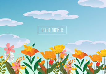 Colorful hello summer foliage with flowers and leaves tropical banner template greeting background. Fun and vibrant color natural design.