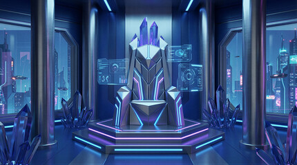 Futuristic crystal throne sci-fi cityscape digital art neon environment cyberpunk viewpoint