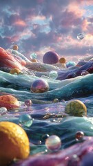 Surreal Inner World Landscape with Flowing Textures, Vibrant Colors, and Reflective Elements