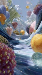 Surreal Inner World Landscape with Flowing Textures, Vibrant Colors, and Reflective Elements