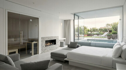 Modern bedroom with private pool and garden view luxury resort minimalist design serene environment contemporary aesthetic