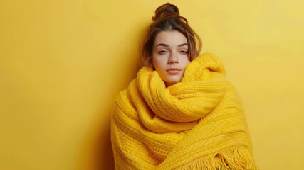 A young woman in a vibrant yellow scarf, wrapped comfortably, against a bright background.
