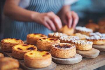 Local bakery owner arranging fresh pastries on wooden display, showcasing delicious treats with vibrant colors and textures, creating an inviting atmosphere for customers