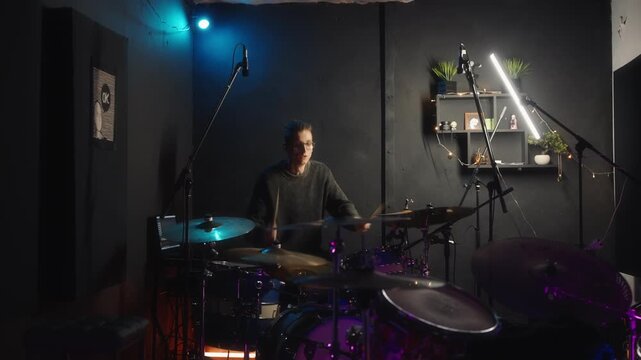 Blue and purple lighting with microphones capturing sound