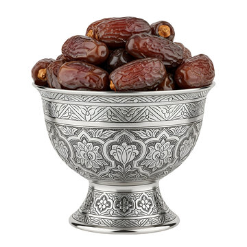 Beautiful silver bowl filled with dates on white background