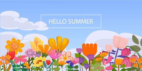 Colorful hello summer foliage with flowers and leaves tropical banner template greeting background. Fun and vibrant color natural design.