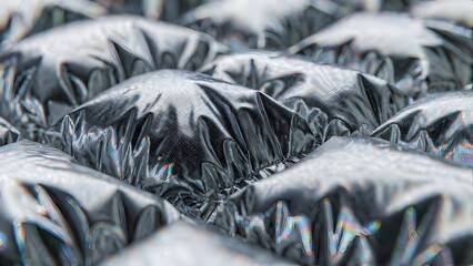 Close up of shiny metallic silver pillows or air cushions with holographic reflections