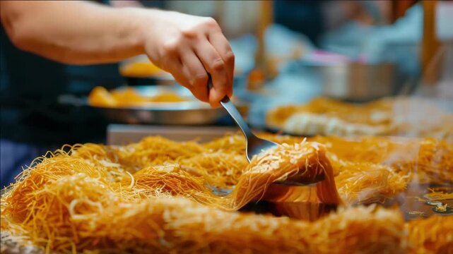 Colorful and delicious fried food displayed on a buffet table at a restaurant. Variety of flavors and textures, possibly including chicken wings or fish.