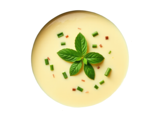 A bowl of hot soup with a single leaf floating on the surface, perfect for use in food or nature-themed illustrations