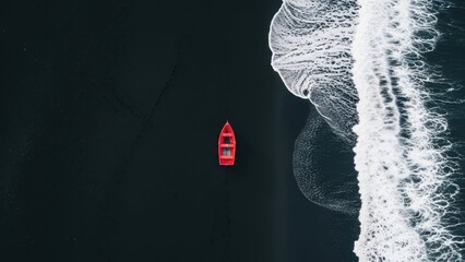 Small red boat navigating through calm and turbulent ocean waters