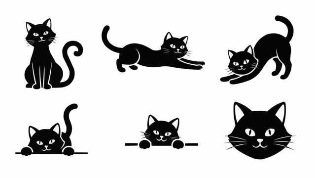 Collection of black cat illustrations in various poses.