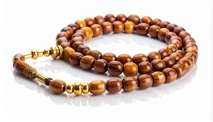 Wooden prayer beads with golden accents on white background