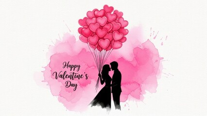 Romantic couple celebrating Valentine's Day with heart balloons