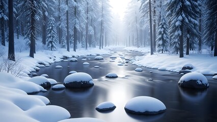 Serene winter landscape with snow covered rocks in a frozen river flowing through a misty forest with evergreen trees and a bright sun shining through the trees