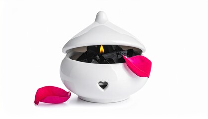 White ceramic incense burner with lit charcoal and pink petals