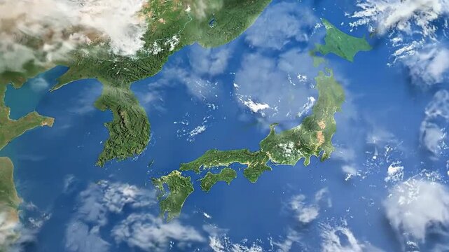 Detailed satellite view of Japan and surrounding countries, showcasing geographical features.