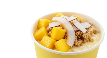 a yogurt bowl of tropical mango with granola and coconut shavings isoloated on white background for dessert and beverage concepts