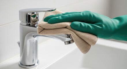 Close-up of hand in green rubber glove cleaning chrome bathroom faucet with beige microfiber cloth