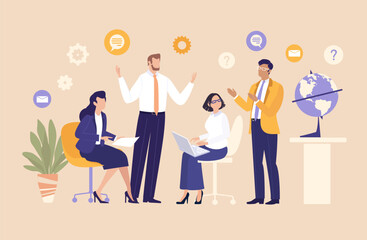 A group of business professionals engaged in conversation and information sharing, representing communication, teamwork, collaboration, networking, and knowledge exchange