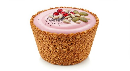 pomegranate yogurt granola cup with seeds on top isoloated on white background for dessert and beverage concepts