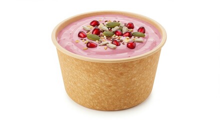 a bowl of pomegranate yogurt with seeds on top isoloated on white background for dessert and beverage concepts
