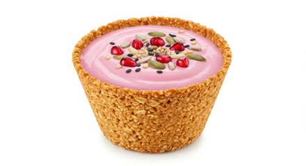 pomegranate yogurt granola cup with seeds on top isoloated on white background for dessert and beverage concepts