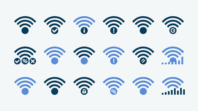 A collection of 18 minimalist WiFi icon variations arranged in a 3x6 grid layout.