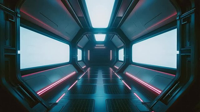 Futuristic corridor with neon lights
