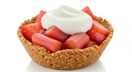 strawberry rhubarb granola cup with whipped yogurt isolated on white background for dessert themes