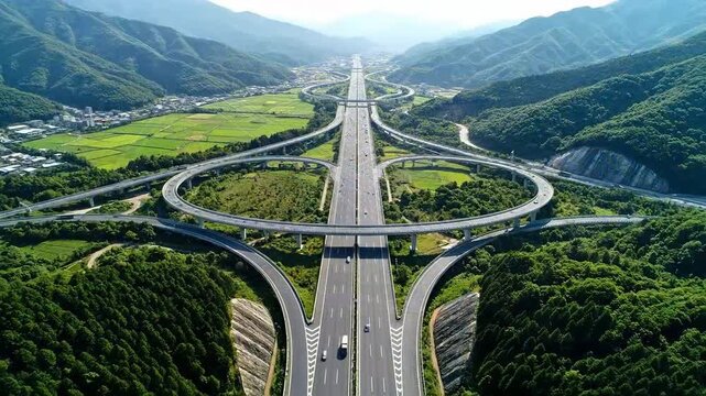 Aerial view of a complex highway interchange surrounded by lush green mountains and fields.