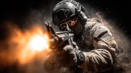 Fototapeta premium A soldier in combat gear fires a weapon with muzzle flash, surrounded by dust and smoke