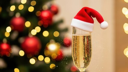 Champagne glass with Santa hat on festive Christmas background