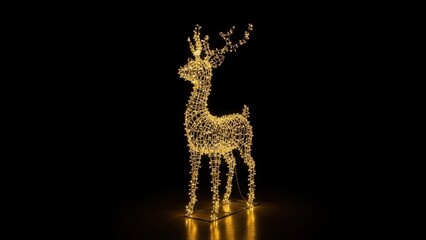 Golden reindeer sculpture with glowing lights on black background