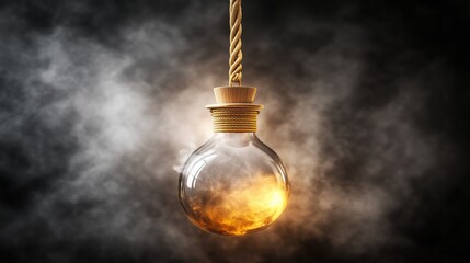 Mystical fiery essence trapped in a glass bulb, suspended by rope in a smoky void