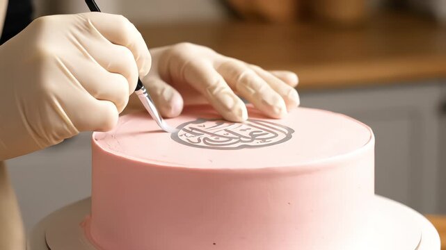 A pastry chef in gloves carefully uses a stencil and brush to apply a silver Arabic calligraphy design onto a smooth pink cake, then lifts the stencil to reveal the intricate and elegant edible art